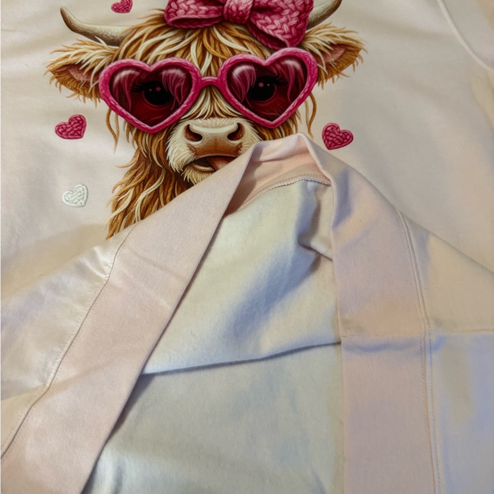 Size XL Pre Made Pink Highland Cow Sweatshirt Fleece Lined Valentines Sweatshirt - Picture 3 of 3